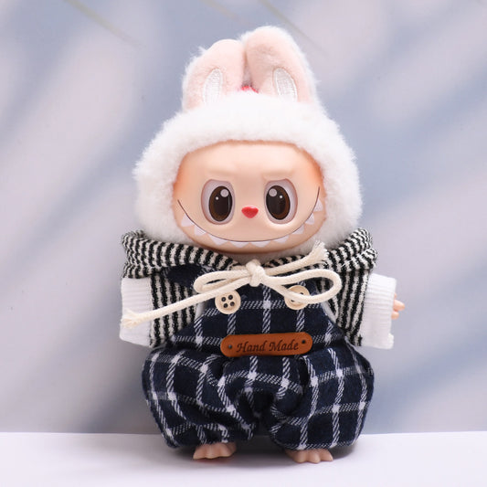 Labubu Doll Black Plaid Overalls & Hoodie Outfit for 1st & 2nd Gen Pendants