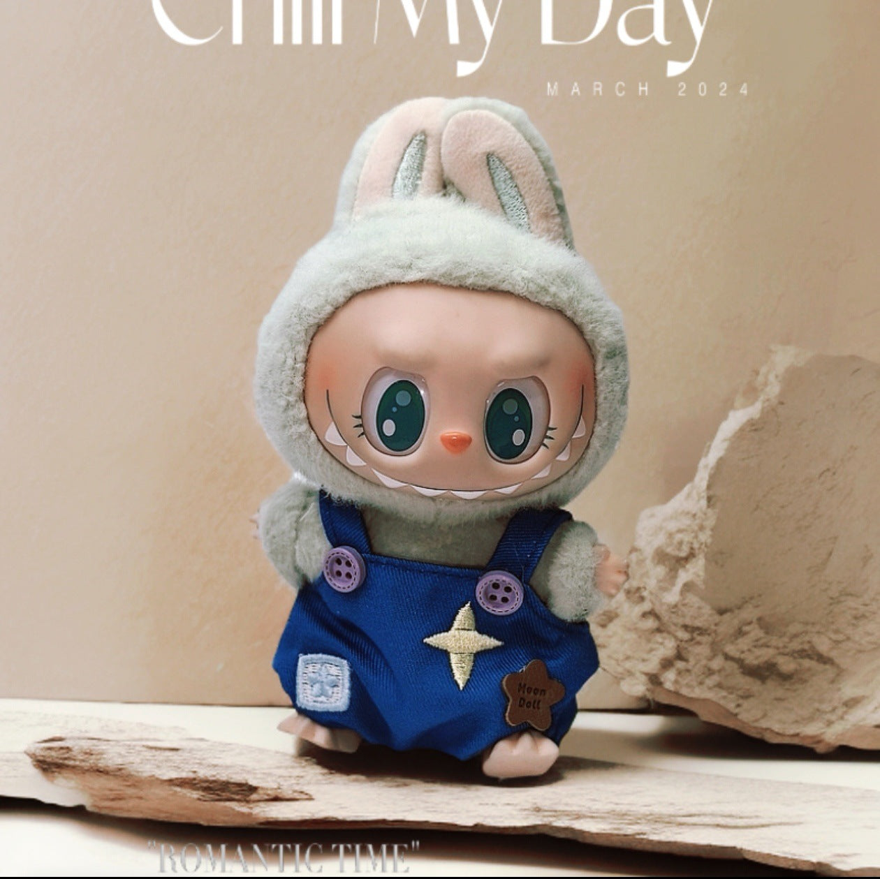 Labubu Doll Outfit - Black & Blue Overalls with Clover Hat