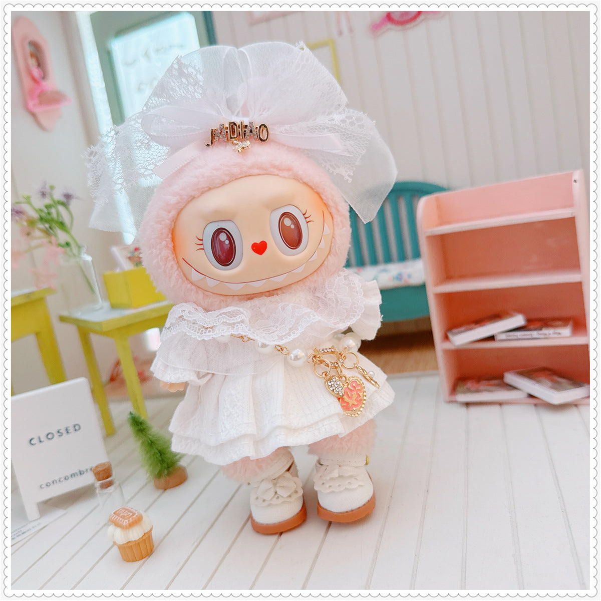 Labubu Doll Sweet White Lace Dress Set with Shoes