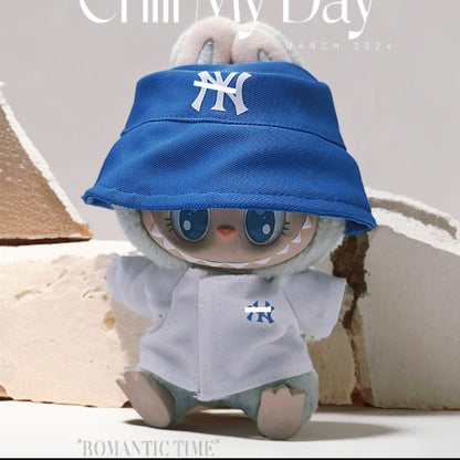 Labubu Doll Outfit Set - Blue Hat, T-Shirt & Plaid Skirt