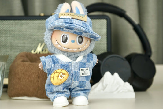 Labubu 17cm Denim Jumpsuit Outfit Set with Hat
