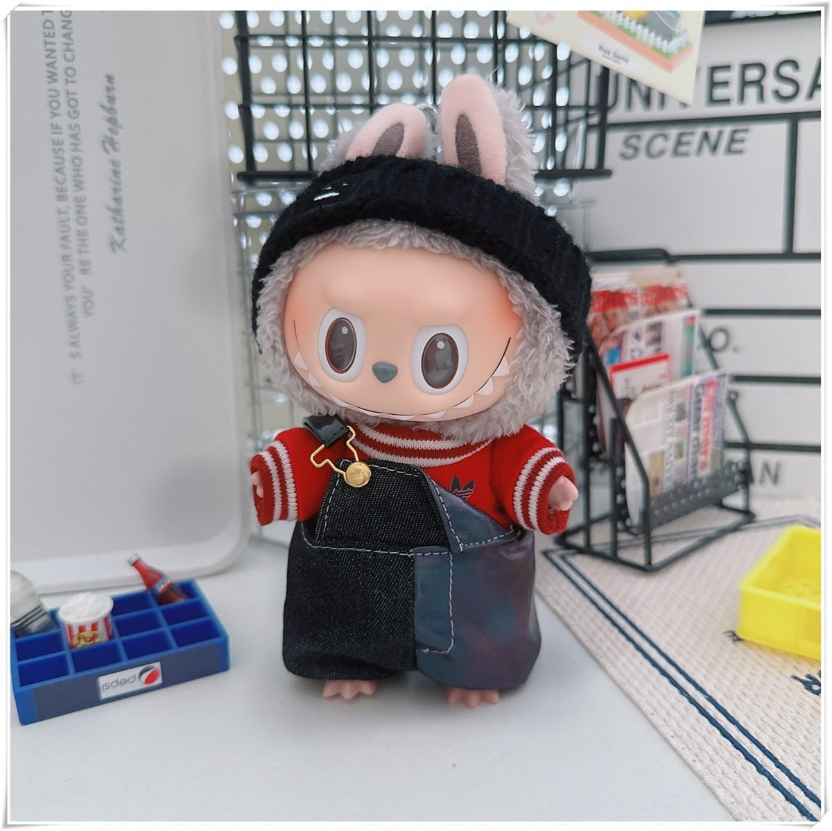 Labubu Doll Outfit - One Shoulder Cool Overalls & T-Shirt Set