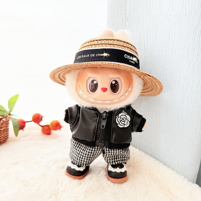 Clothes Only] 17cm Pendant Labubu Clothes Cat t Camellia Straw Hat Suit Labubu Doll Clothes