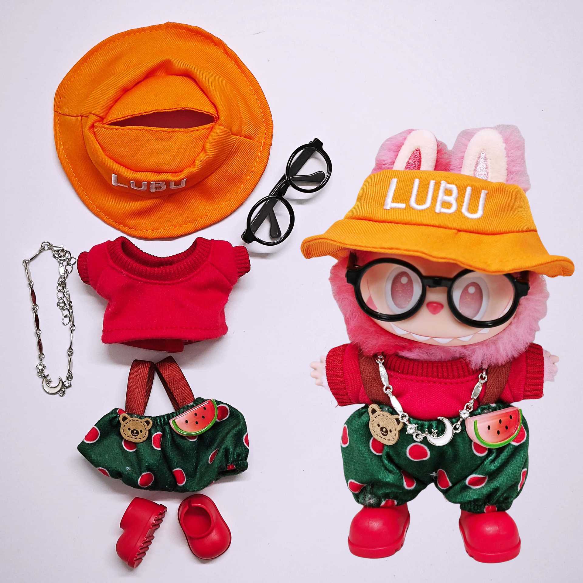 Labubu Doll Outfit - Orange Hat & Watermelon Overalls Suit for 15cm/17cm Labubu