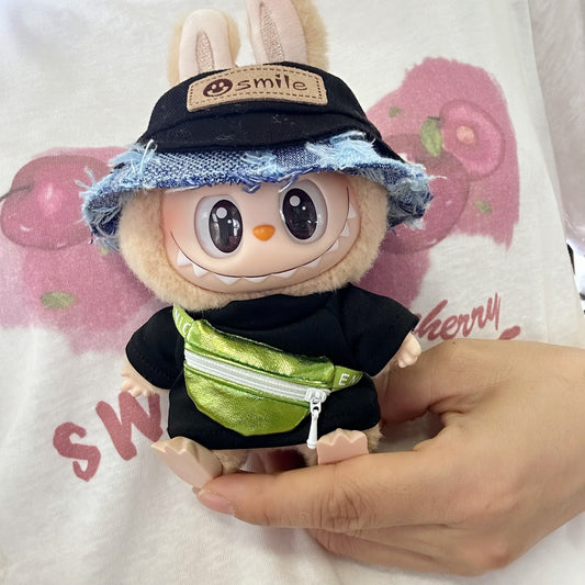 Labubu Doll Outfit - Black T-Shirt with Colorful Hat & Green Bag