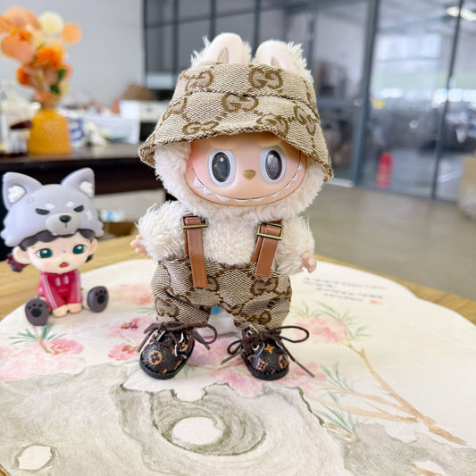 Labubu Doll Brown Leather Overalls & Hat Outfit Set