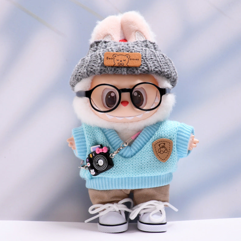 Only baby clothes] one or two generation pendant labubu clothes blue knitted waistcoat glasses hat suit cloth baby clothes