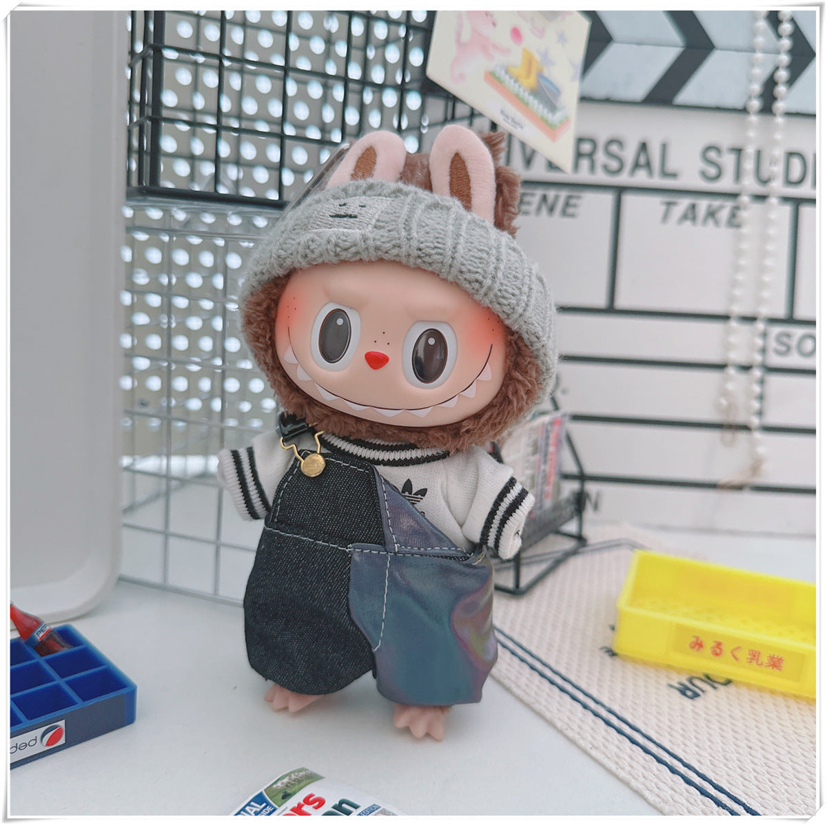 Labubu Doll Outfit - One Shoulder Cool Overalls & T-Shirt Set