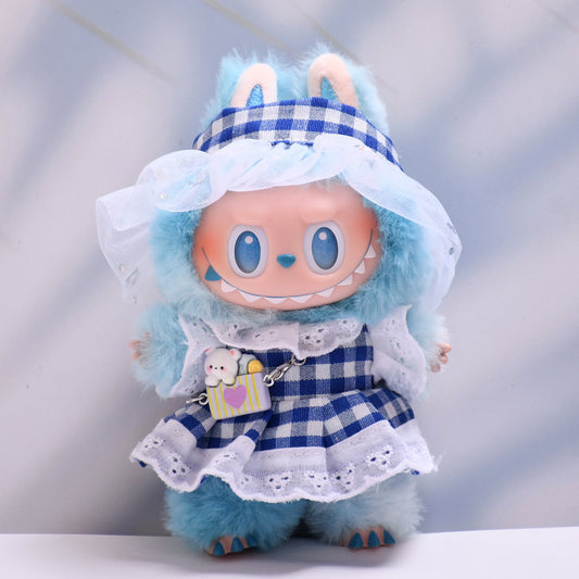 Only baby clothes] one, two and three generations of pendants labubu clothes blue lattice skirt hair band suit cloth cloth for baby clothes