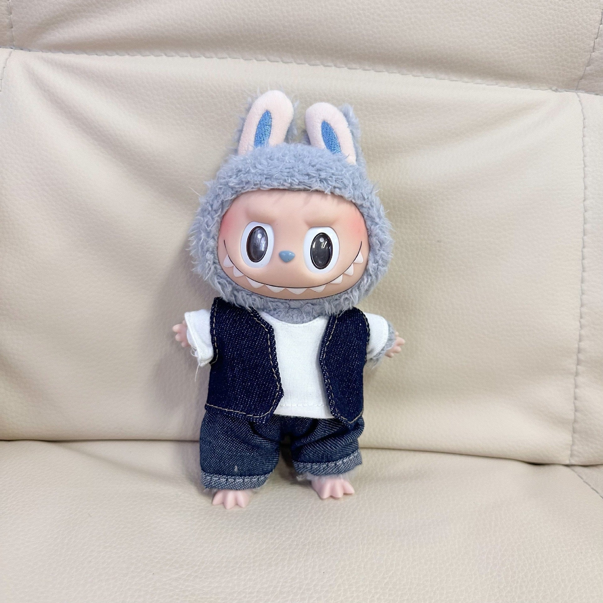 Accessories Only] 17CM Blind Box Rab Cloth Doll Clothes Fashion Denim Vest Keychain LABUBU Scooter