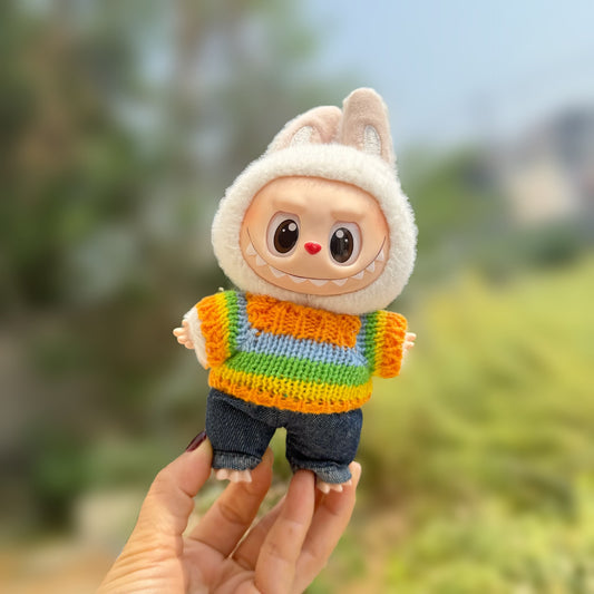 Labubu Doll Rainbow Sweater & Overalls Outfit for 10cm/17cm Vinyl Doll