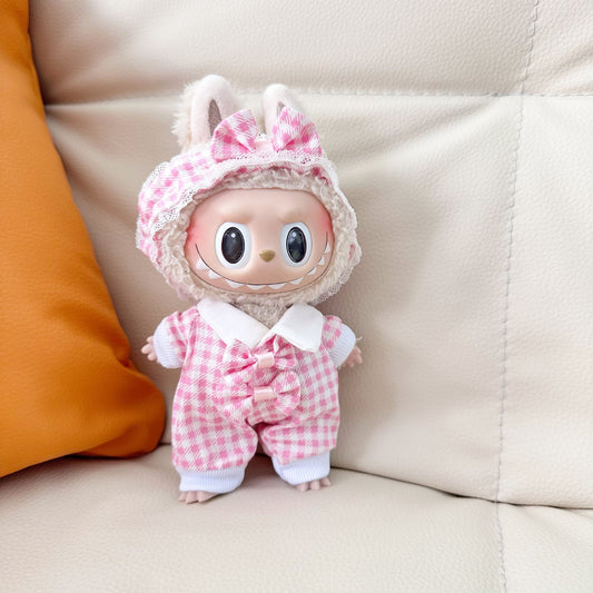 Only clothes] 17CM blind box cloth clothes pink hair band pajamas suit LABUBU blue plaid pajamas
