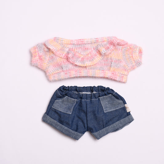 Labubu Doll Clothes - Pink & Yellow Sweater Jeans for 38cm Plush Dolls