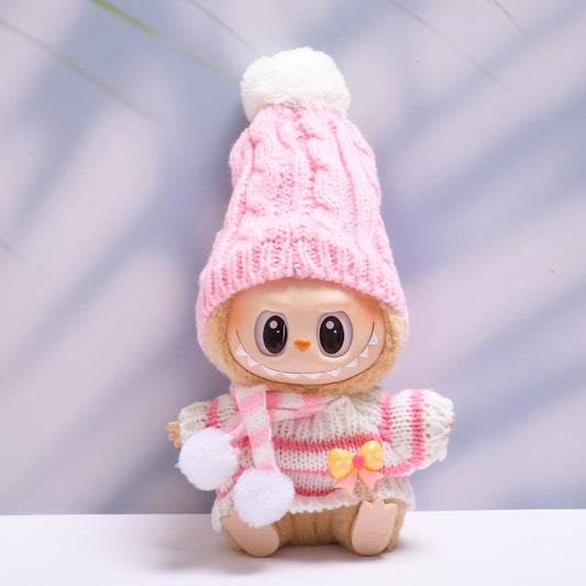 Labubu Doll Clothes - Cherry Red & Pink Striped Woolen Hat Scarf Sets for 2nd Gen Pendant