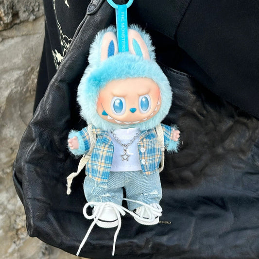 Labubu Doll Outfit - Blue Denim Gingham Set for 17cm Vinyl Doll