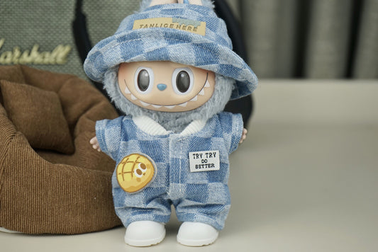 Labubu 17cm Denim Jumpsuit Outfit Set with Hat