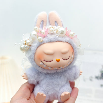 Labubu Doll Outfit - Pink, Purple, White Double Layer Gauze Skirt with Pearl Hair Accessories & Straw Hats