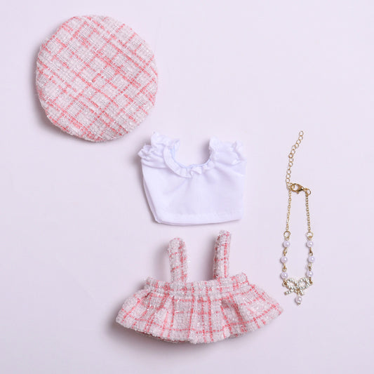 Labubu Doll Clothes - Blue & Pink Beret Tweed Style Suit for 17cm Vinyl Dolls