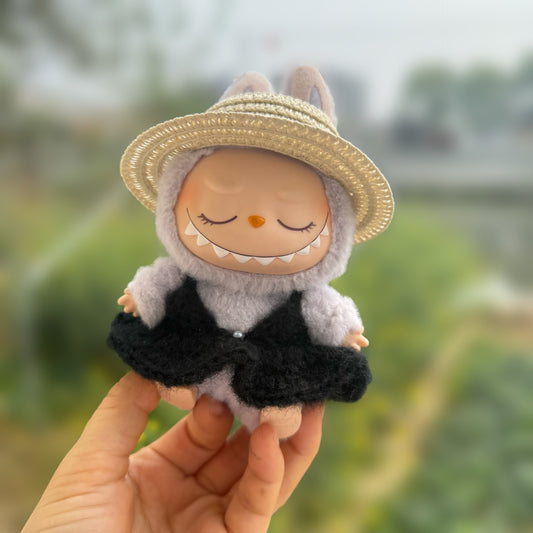 Labubu Doll Clothes Handmade Black Pearl Suspender Skirt First and Second Generation Labubu Sitting Party Series Doll Hat New