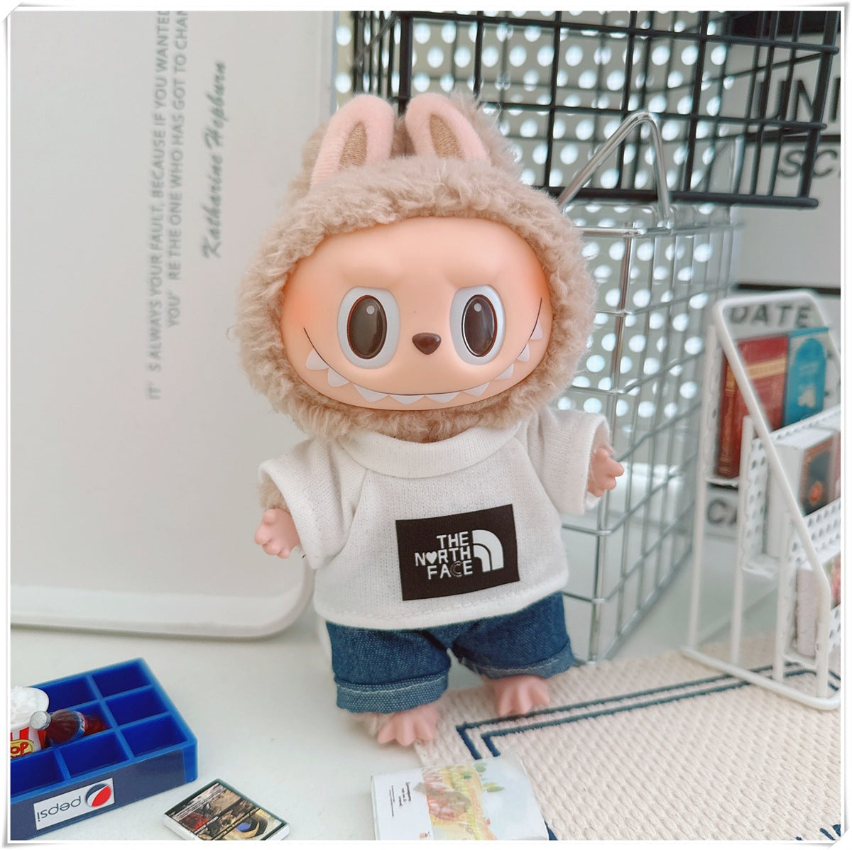 Labubu Doll Sportswear Outfit - T-Shirt, Denim Shorts & Accessories