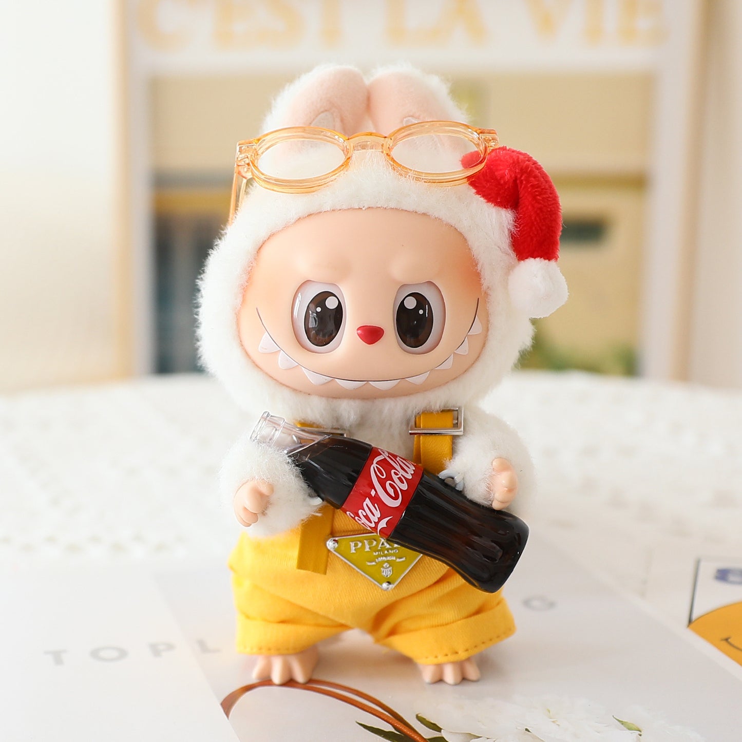 17cm Labubu Fisherman Hat Macaron Vinyl Face Labubu Doll Doll Triangle suit Glasses