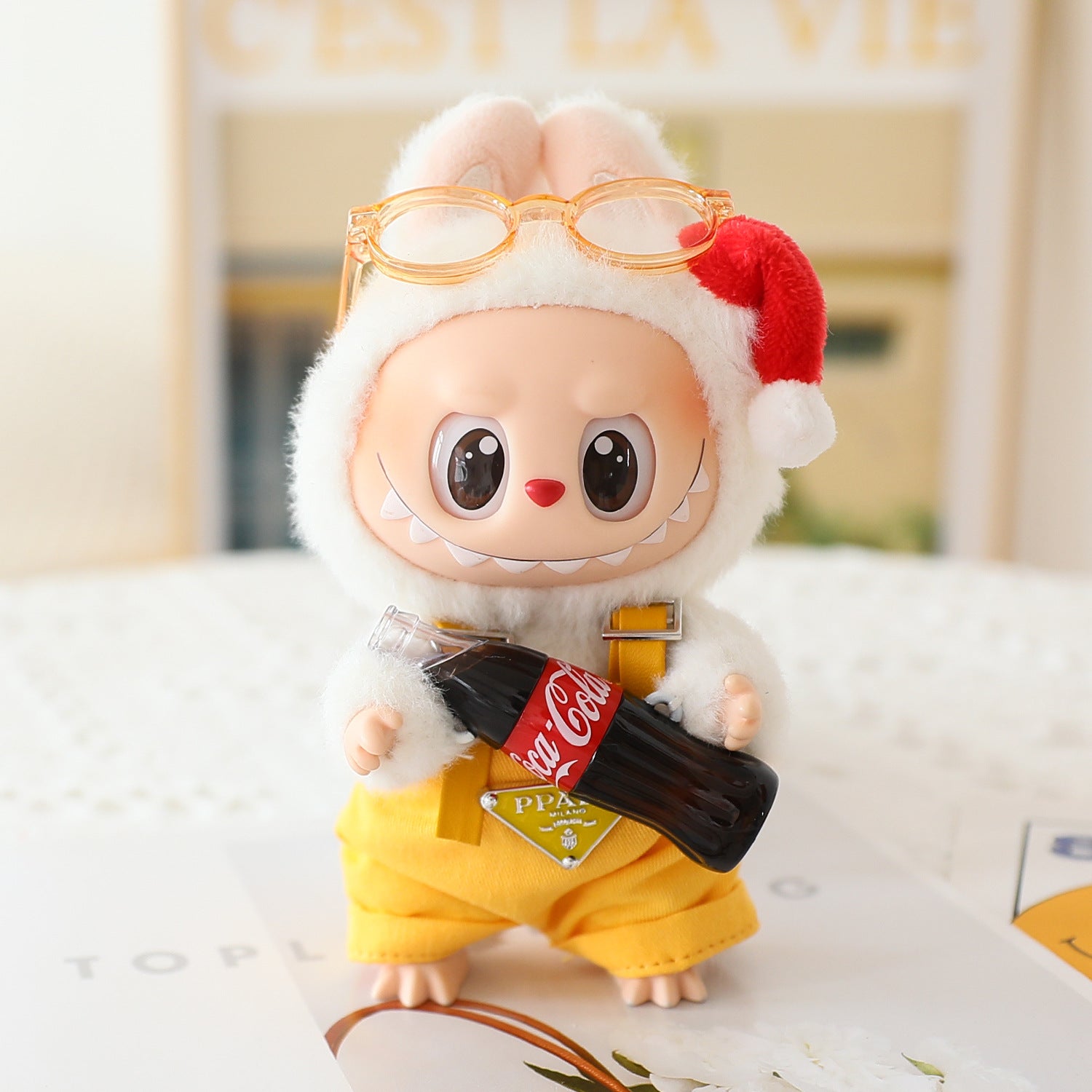 17cm Labubu Fisherman Hat Macaron Vinyl Face Labubu Doll Doll Triangle suit Glasses