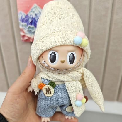 Labubu Winter Hat Scarf & Overalls Outfit for 17cm Dolls