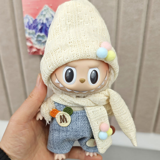 Labubu Winter Hat Scarf & Overalls Outfit for 17cm Dolls
