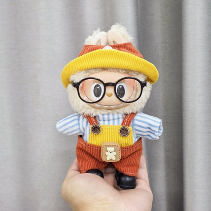 First, Second, and Third Generation Labubu Sitting Party Doll Clothes Cola Labubu Vinyl Clothes Fisherman Hat Overalls Set