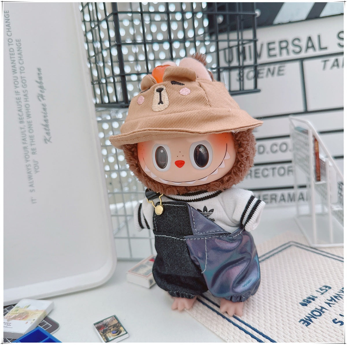 Labubu Doll Outfit - One Shoulder Cool Overalls & T-Shirt Set
