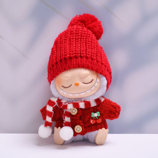 Labubu Doll Clothes - Cherry Red & Pink Striped Woolen Hat Scarf Sets for 2nd Gen Pendant