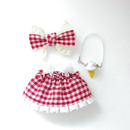 Labubu Doll Outfit - Red Plaid Skirt & Straw Hat for 17cm Vinyl Doll