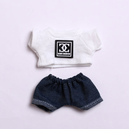 Labubu Doll Outfit - Black & White T-Shirt with Jeans & Denim Hat
