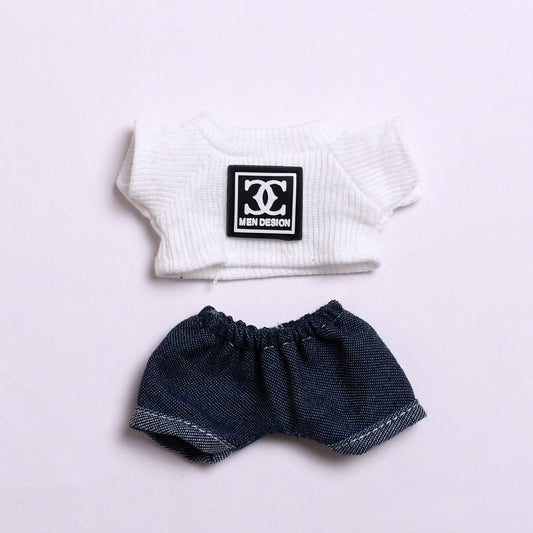 Labubu Doll Outfit - Black & White T-Shirt with Jeans & Denim Hat