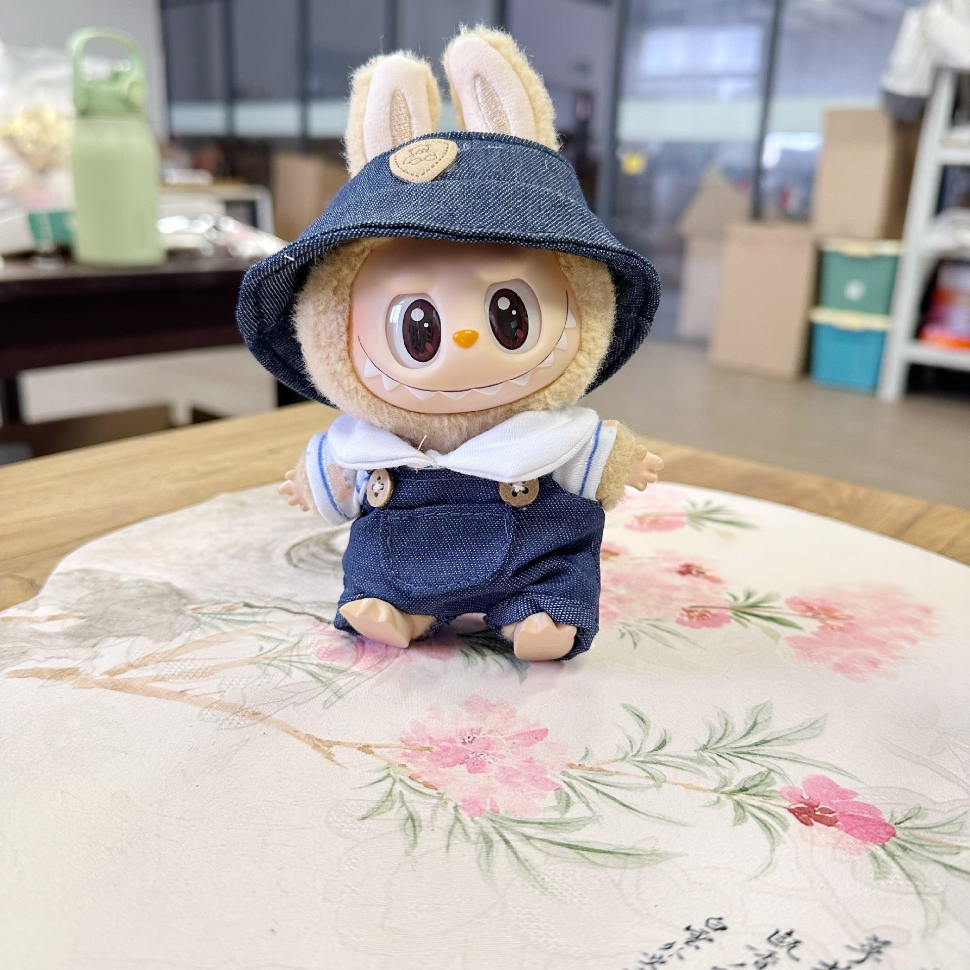 Labubu Doll Denim Suspender Suit with Bear Hat