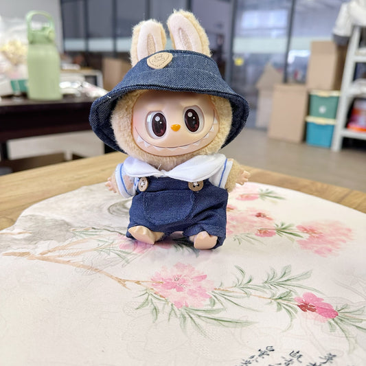 Labubu Doll Denim Suspender Suit with Bear Hat