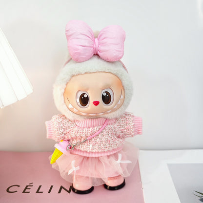 Labubu Doll Outfit Set - Knitted Sweater & Gauze Skirt with Bow Headband