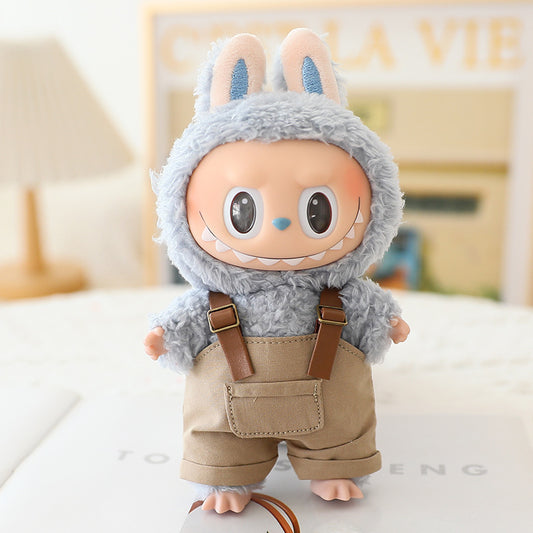 The first and second generation labubu sit party doll clothes the third generation cola vinyl blind box clothes fisherman hat suspenders pants suit