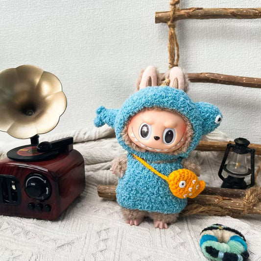 17cm Labubu Doll Handmade Wool Fish Suit Outfit - Blue