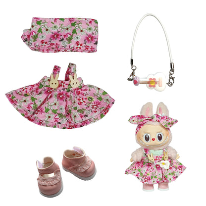 Labubu Doll Floral Skirt Outfit with Headband & Shoes for 1st/2nd Gen