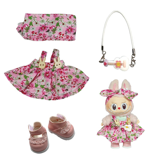 Labubu Doll Floral Skirt Outfit with Headband & Shoes for 1st/2nd Gen