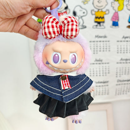 Labubu Doll Denim Shawl & Black Leather Skirt Outfit for 1st-3rd Gen Pendants