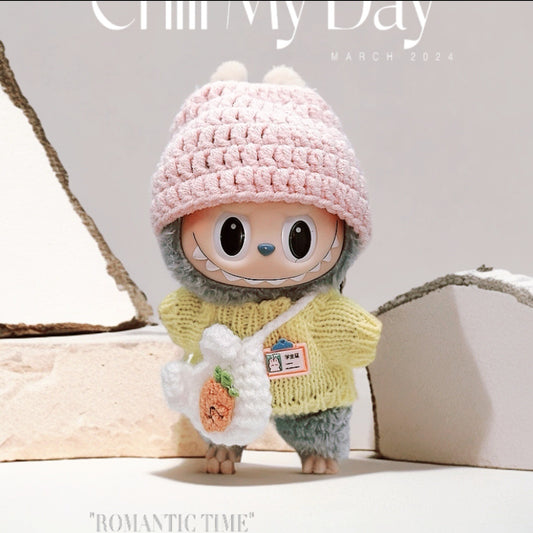 Labubu Doll Outfit Set for 17cm Vinyl Doll - Pink Hat & Sunglasses