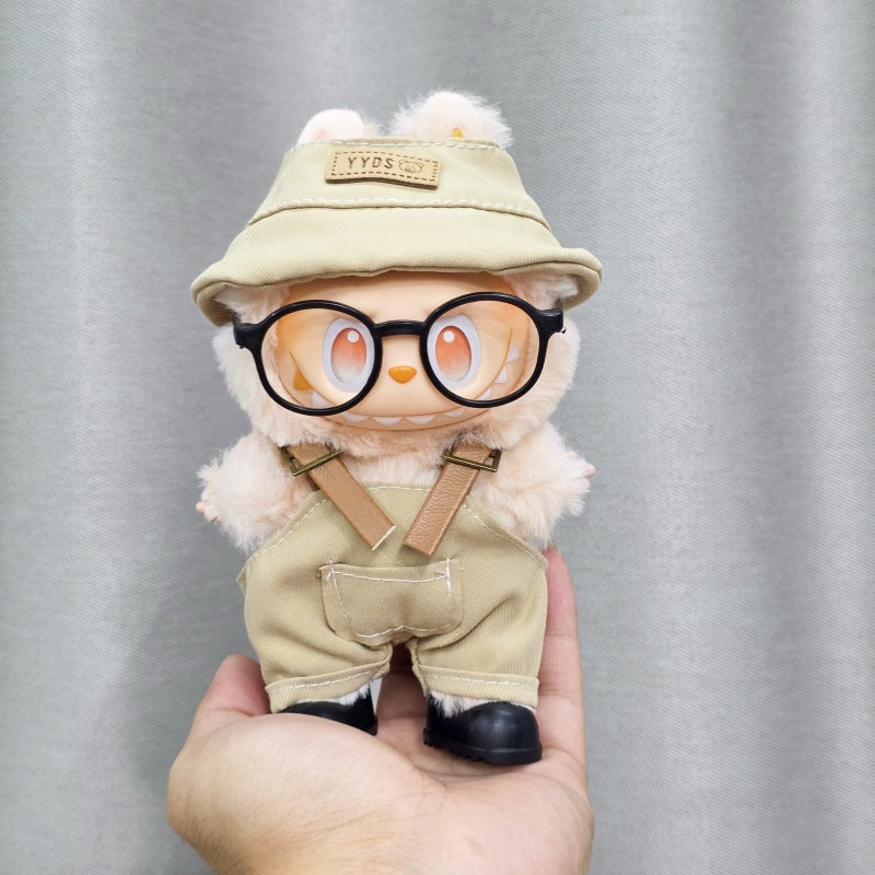 First, Second, and Third Generation Labubu Sitting Party Doll Clothes Cola Labubu Vinyl Clothes Fisherman Hat Overalls Set