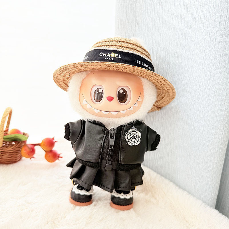 Clothes Only] 17cm Pendant Labubu Clothes Cat t Camellia Straw Hat Suit Labubu Doll Clothes