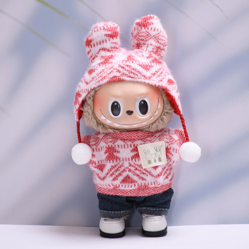 Only clothes] one or two generations of cloth hanging clothes knitted printed fur ball cap suit Labubu plush doll clothes