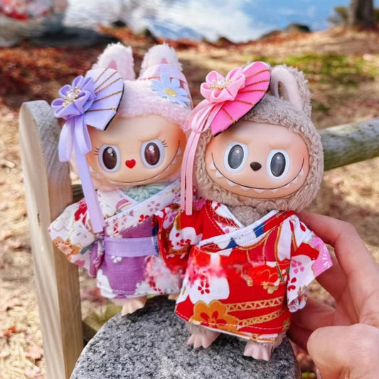 Labubu Doll Coat - Purple & Red Kimono with Hair Accessories
