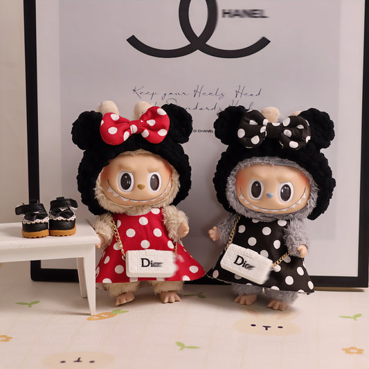 17cm Labubu Doll Overalls Baby Clothes - Spot Red & Black Dotted