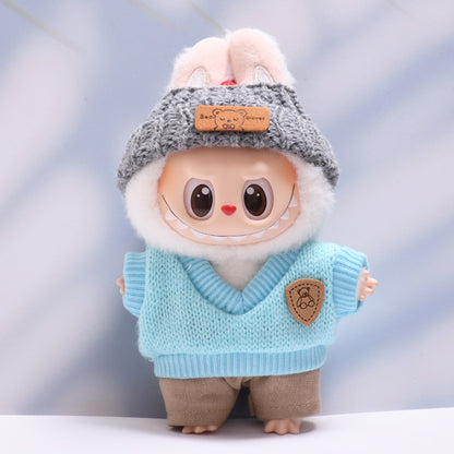 Only baby clothes] one or two generation pendant labubu clothes blue knitted waistcoat glasses hat suit cloth baby clothes