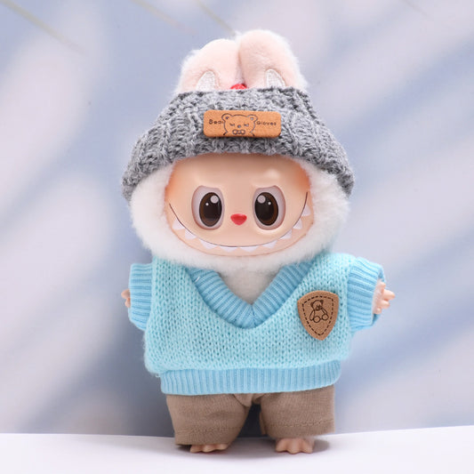 Only baby clothes] one or two generation pendant labubu clothes blue knitted waistcoat glasses hat suit cloth baby clothes